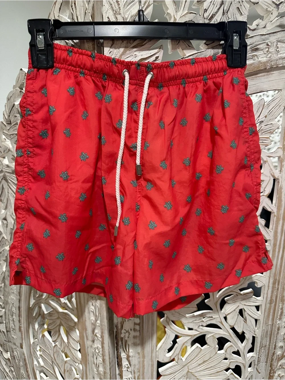 Spada Roma Men's Red Drawstring Swim Trunks with Turtle Motif